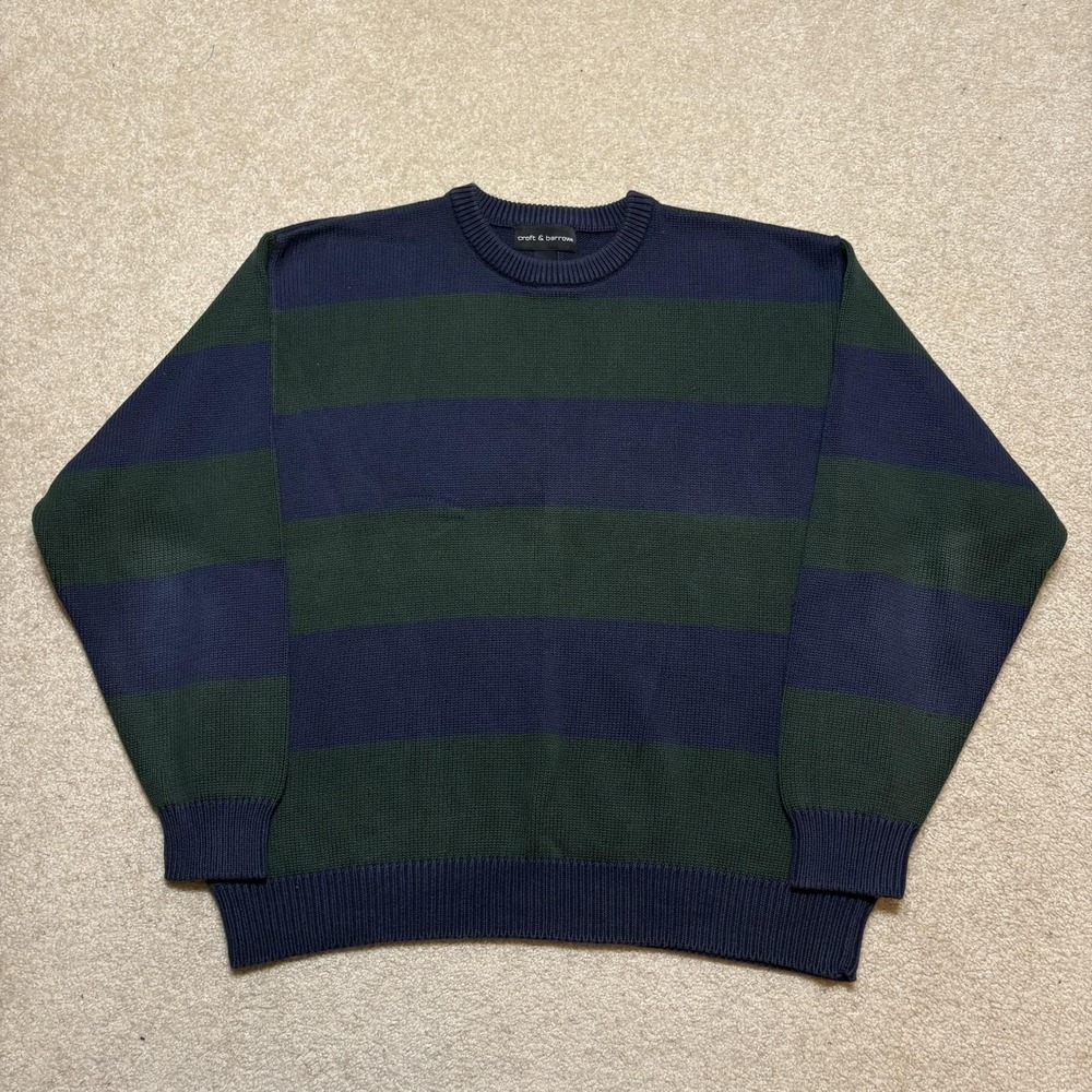 Vtg Croft & Barrow Sweater XL Kurt Cobain Navy Green Striped Cotton Crewneck‎